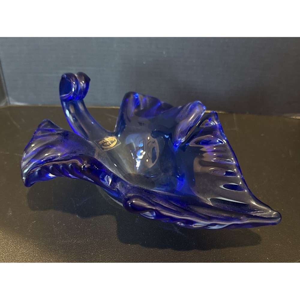 Arte Murano Icet Hand Blown Glass Cobalt Blue Floral Leaf Candy Dish Bowl